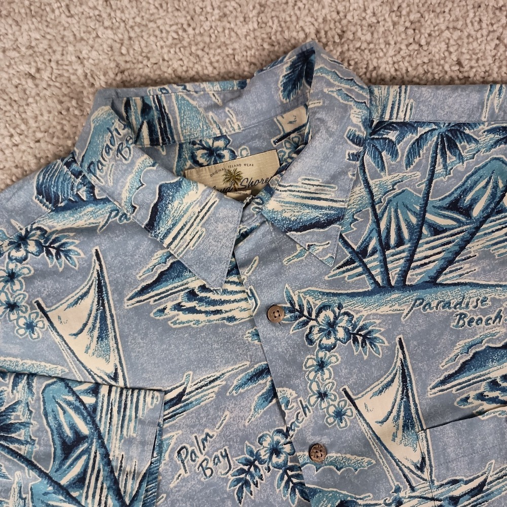 Vintage Island Shores Mens Large Blue‎ AOP Hawaiian Shirt Y2K